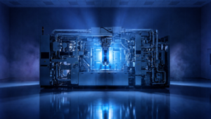 Sistema de litografia EUV da ASML instalado em uma sala limpa de fabricação de chips.