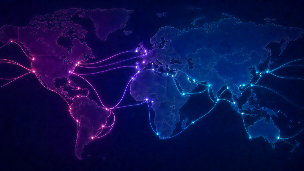A Internet por um Fio Mapa-múndi escuro com rotas luminosas de cabos submarinos conectando os continentes.