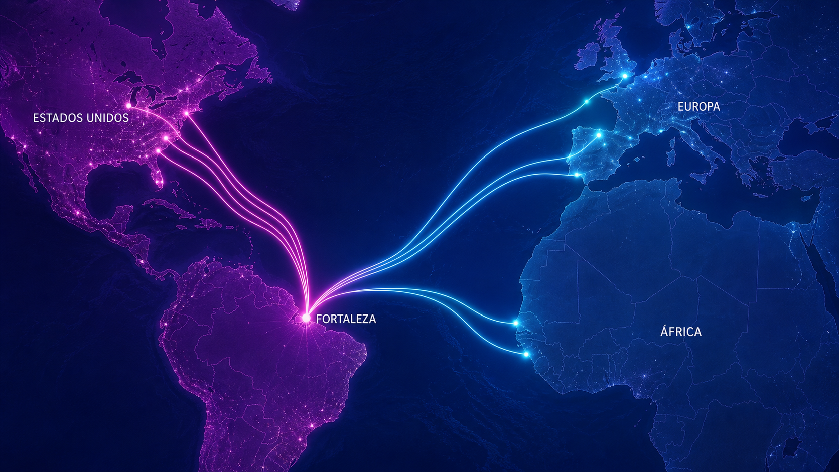 A Internet por um Fio Mapa dos principais corredores de cabos submarinos, com Fortaleza conectada aos Estados Unidos, à Europa e à África.