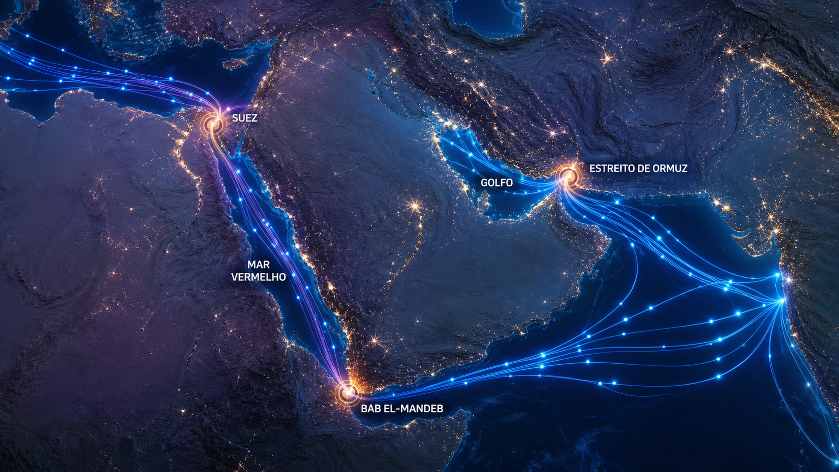 A Internet por um Fio Mapa do Mar Vermelho e do Estreito de Ormuz mostrando corredores de cabos submarinos entre Europa, Ásia e países do Golfo.