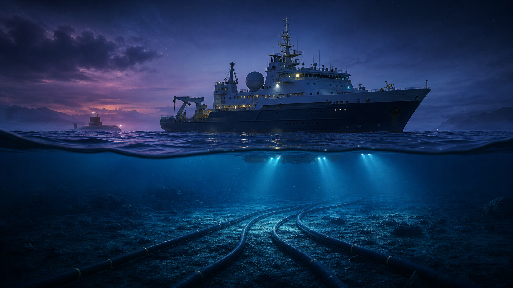 A Internet por um Fio Ilustração editorial do navio russo Yantar sobre cabos submarinos, observado à distância por um submarino.