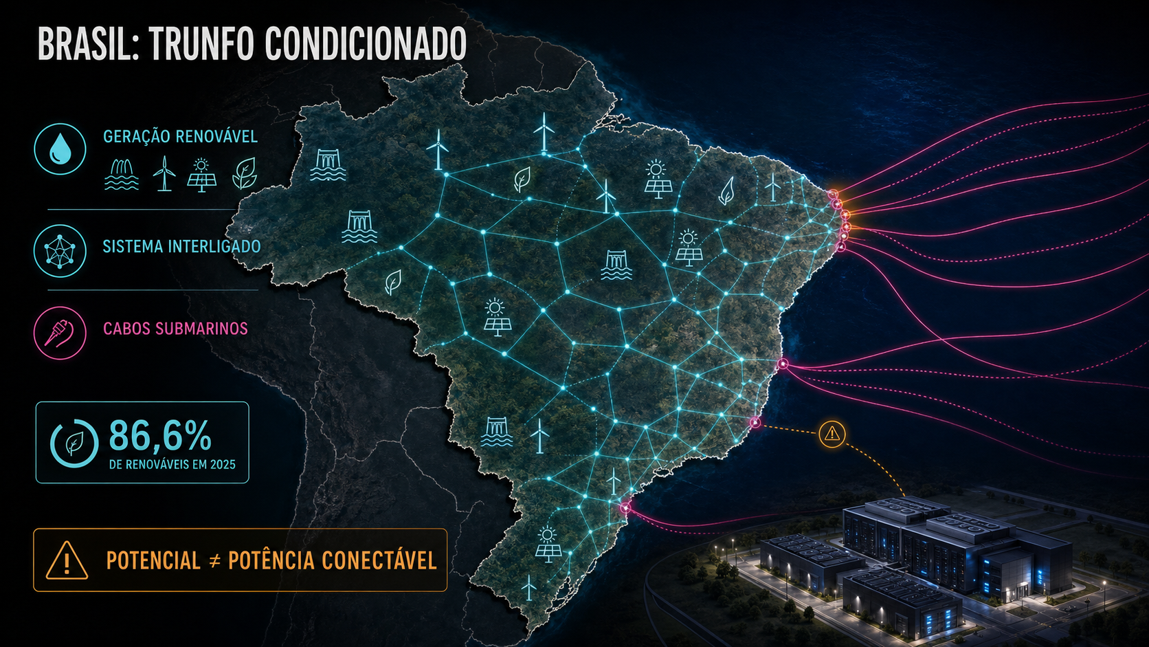 Energia: o Novo Lastro do Poder Global Mapa conceitual do Brasil com geração renovável, rede elétrica, cabos submarinos e um campus de data centers condicionado à conexão.