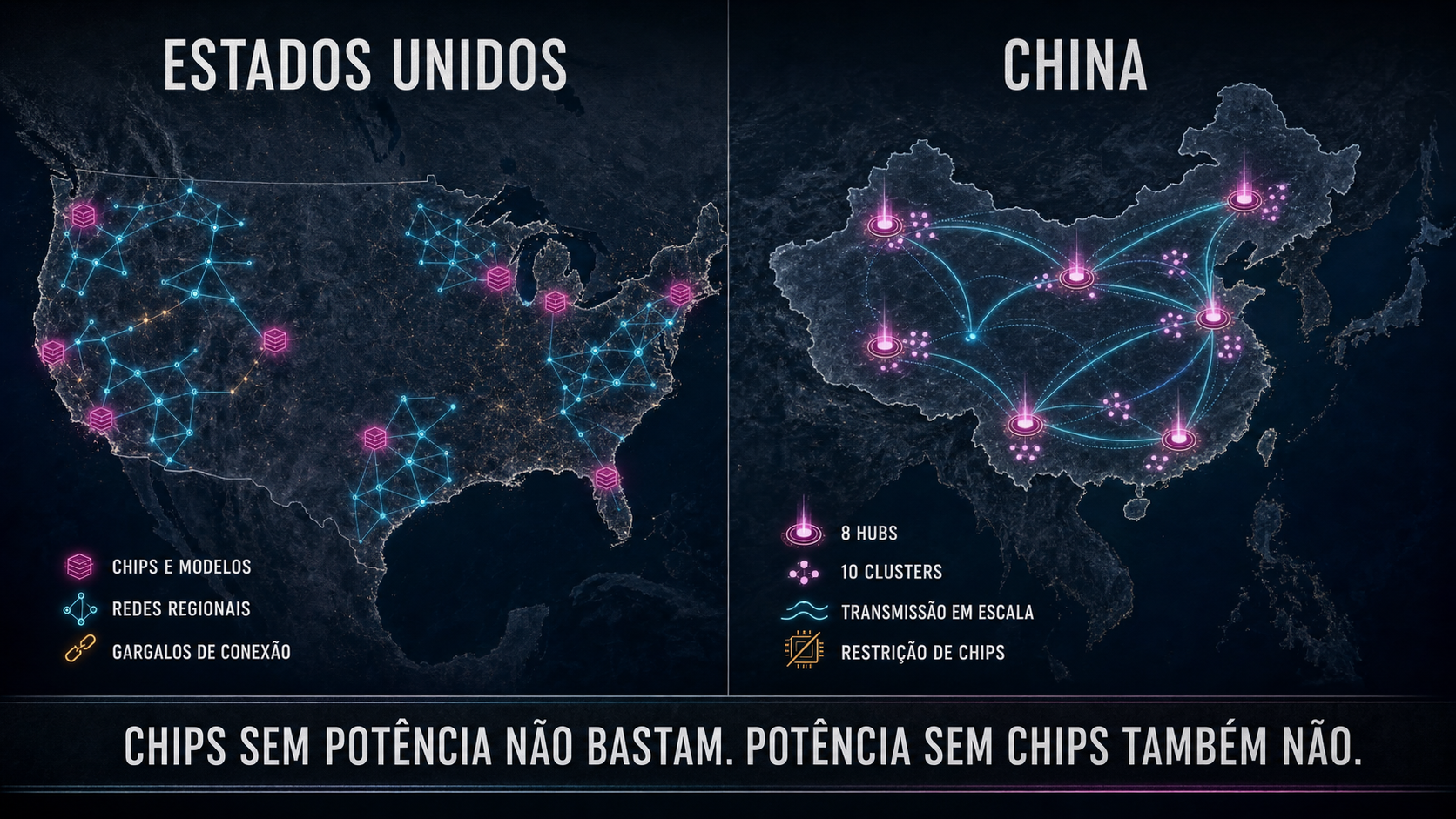 Energia: o Novo Lastro do Poder Global Mapa conceitual comparando a infraestrutura energética e computacional dos Estados Unidos e da China.
