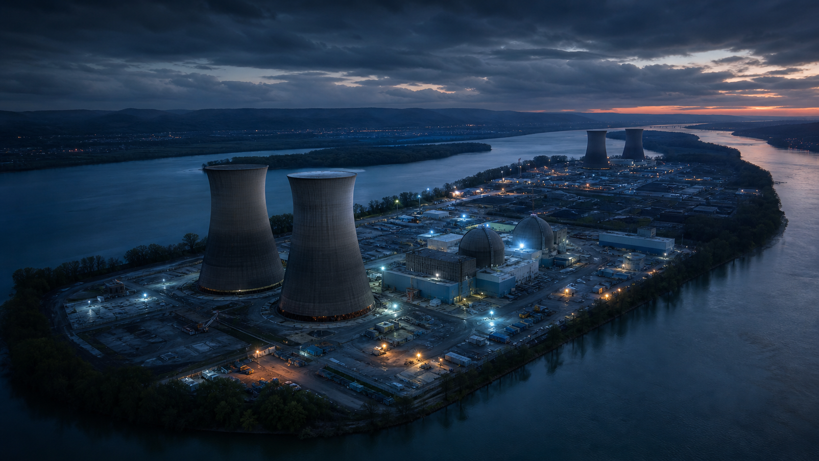 Energia: o Novo Lastro do Poder Global Ilustração editorial aérea do complexo nuclear de Three Mile Island, na Pensilvânia, cercado pelo rio ao entardecer.