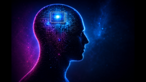 Silhueta humana formada por circuitos luminosos, com um processador no centro da cabeça sobre fundo azul e magenta.