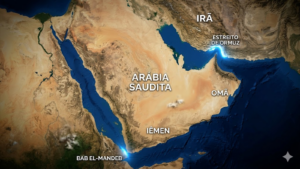 Mapa da Península Arábica destaca o Estreito de Ormuz e Bab el-Mandeb nas duas extremidades das rotas marítimas regionais.