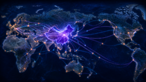 Mapa-múndi noturno com a China iluminada e conectada a redes industriais e comerciais globais.