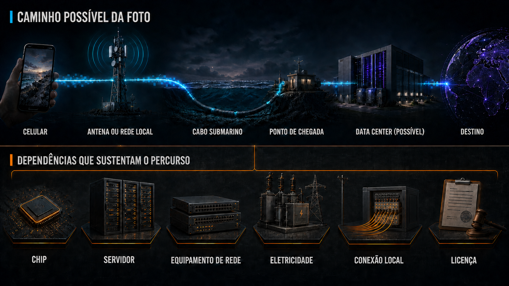 A Vingança da Geopolítica Diagrama mostra o caminho possível de uma foto do celular ao destino e, abaixo, as dependências físicas de chip, servidor, energia, conexão e licença.