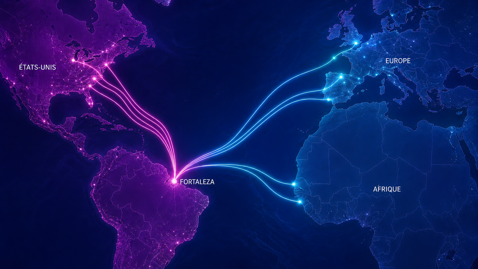 Internet ne tient qu’à un fil Carte des principaux corridors de câbles sous-marins, avec Fortaleza reliée aux États-Unis, à l’Europe et à l’Afrique.