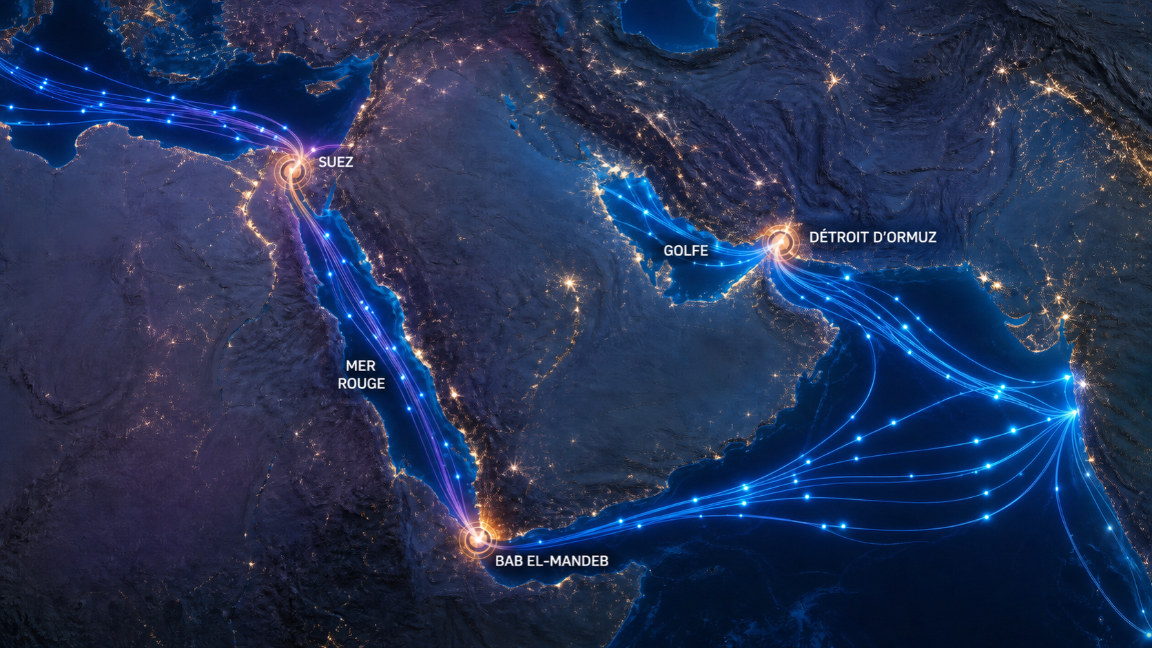 Internet ne tient qu’à un fil Carte de la mer Rouge et du détroit d’Ormuz montrant les corridors de câbles sous-marins entre l’Europe, l’Asie et les pays du Golfe.