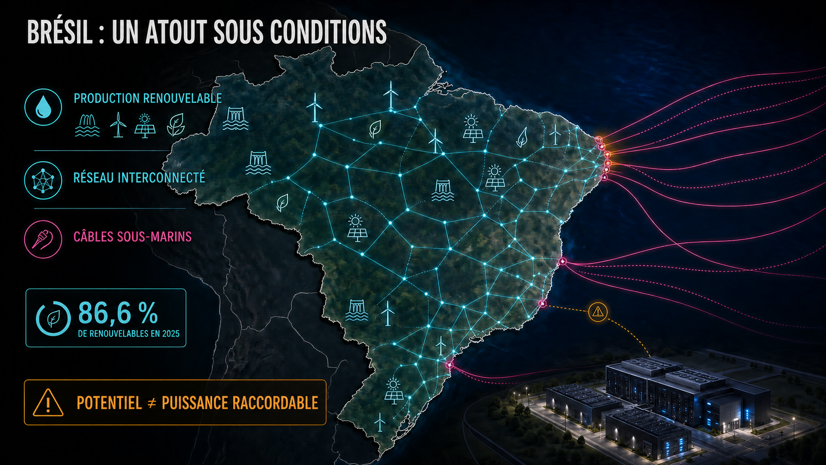 Carte conceptuelle du Brésil montrant la production renouvelable, le système électrique interconnecté, les points d’arrivée de câbles sous-marins sur le littoral et un campus de centres de données dont le raccordement reste conditionnel.
