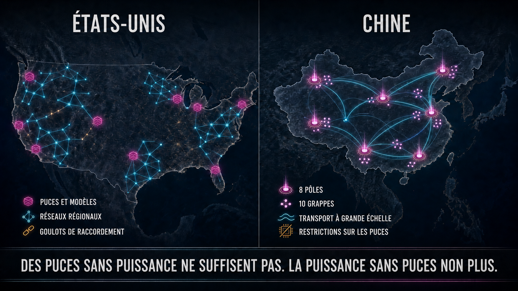 Carte conceptuelle comparant les puces, les modèles et les réseaux régionaux aux États-Unis avec les huit pôles, les dix grappes et les infrastructures de transport à grande échelle du programme chinois Données de l’Est, calcul de l’Ouest.